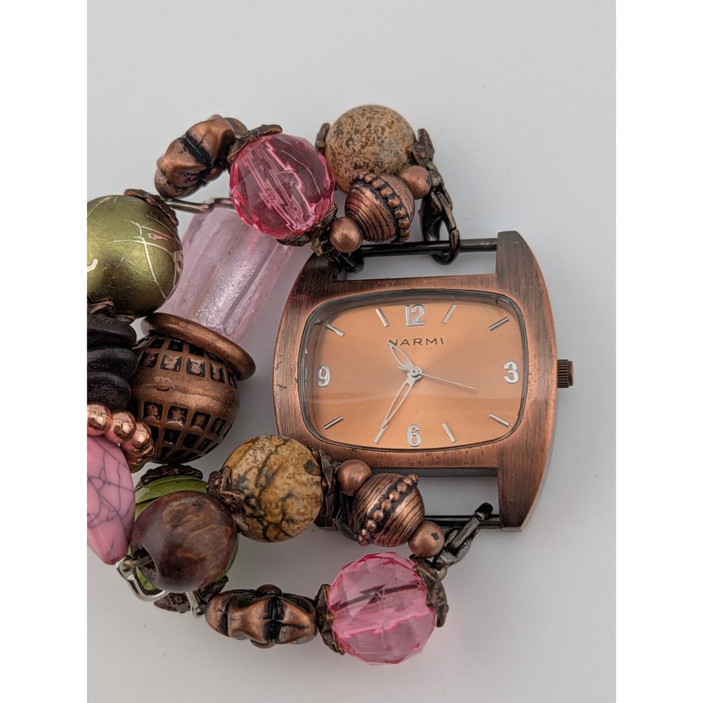 Narmi Watch Women 39mm Bronze Case Pink/Green Beaded Stretch Band- New Battery